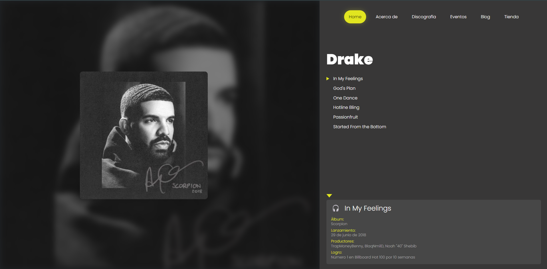 Sitio Fan page del cantante Drake