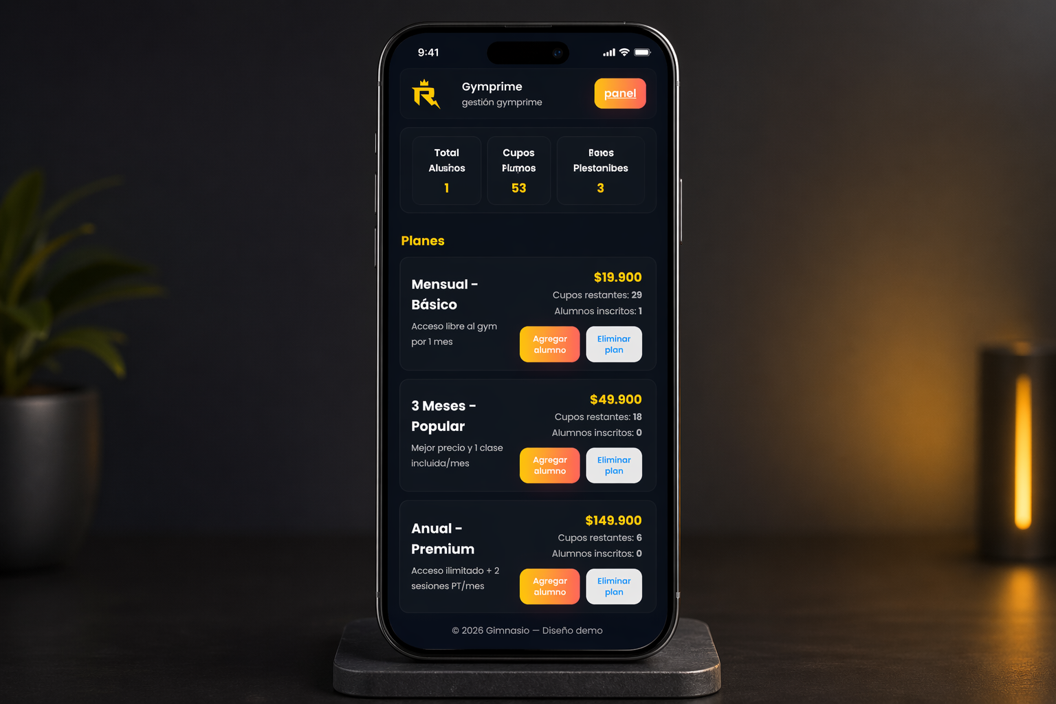 Pantalla principal de GymPrime — sistema de gestión para gimnasio